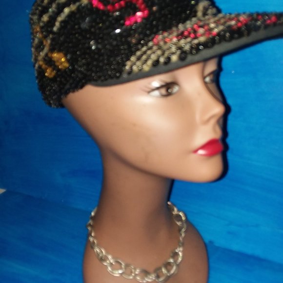 VTG. JC Womens 80’s Sequin Baseball Cap Disco Rare Black Red Gold main image 12
